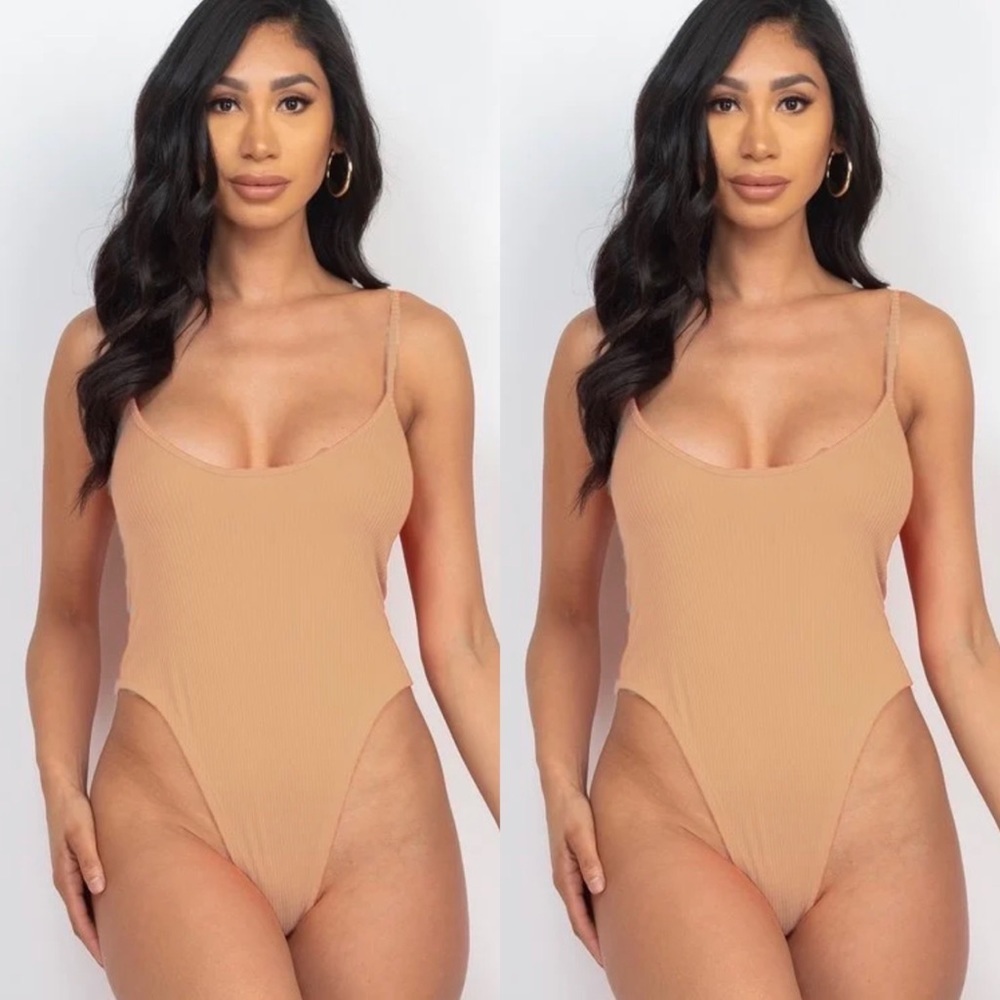 BASIC LATTE RIBBED KNIT SKINNY STRAP CAMI THONG BODYSUIT